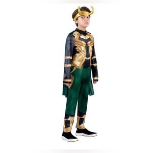 Marvel Avengers Loki Costume Boys Child Jumpsuit Headpiece Cape NEW